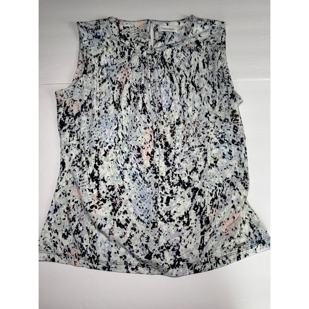 Calvin Klein Womens Sleeveless Blouse Abstract Print Pleated Career Top Size M